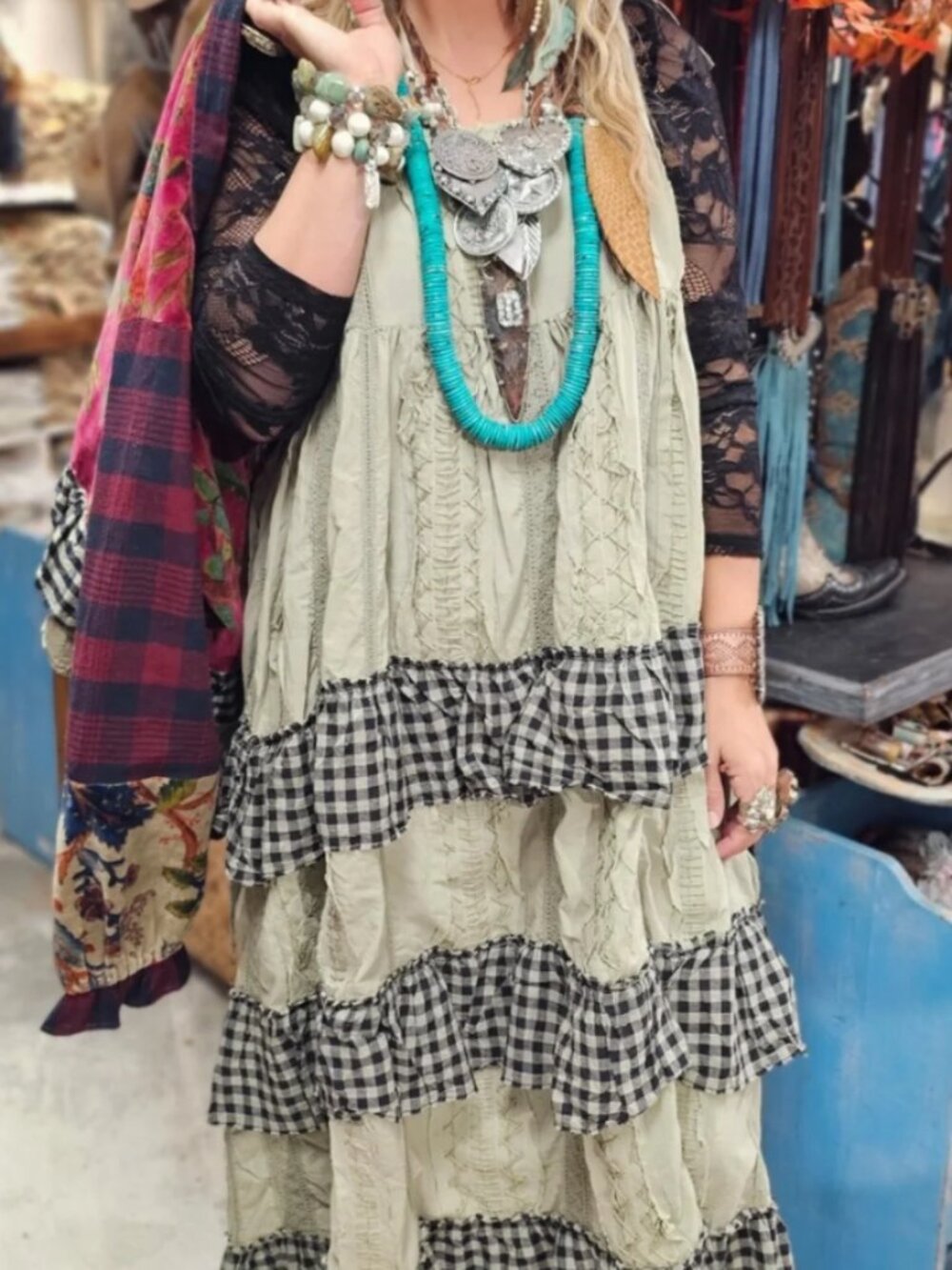 A Rare Bird Hand Stitched Plaid Print Ruffle Maxi Dress